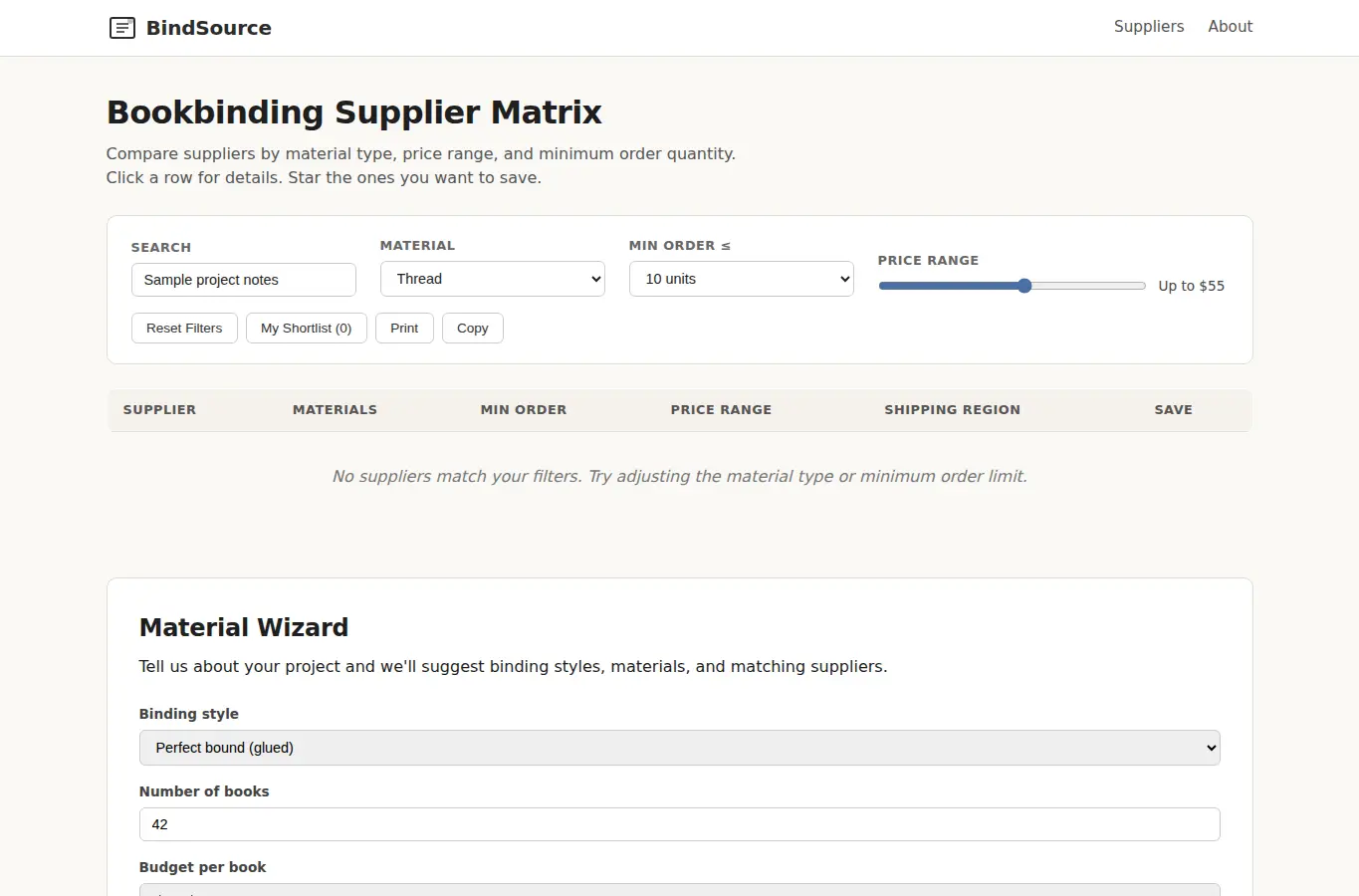 Screenshot of Print Bookbinding Supplies Sourcing Guide interface showing the project page in use